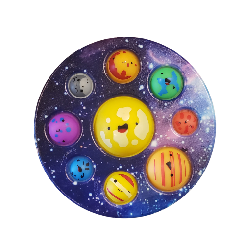 Round 7 inch disc with  happy face planet poppers of assorted sizes