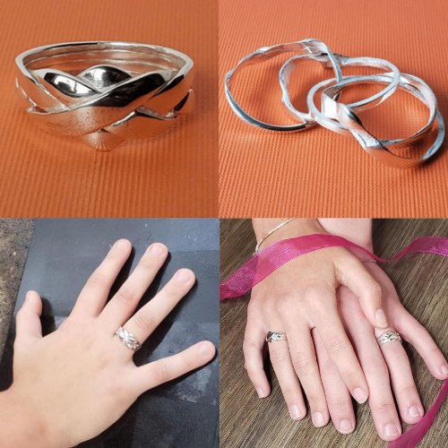 Four pictures in one of sterling silver puzzle ring. High shine sterling silver puzzle ring, assembled and up close against orange background . Next unassembled against orange background. Puzzle ring on child's hand. Puzzle rings on male and female hands close up with pink ribbon draped over hands.